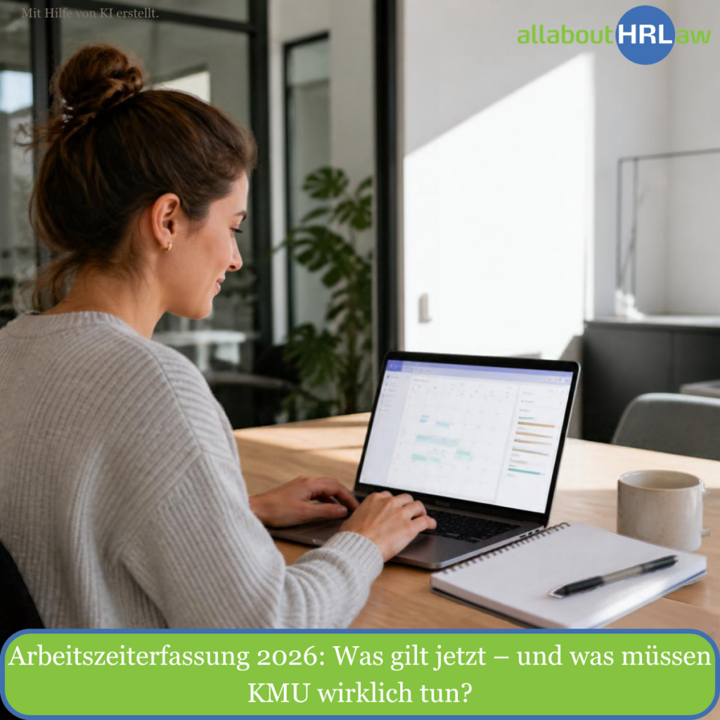 Arbeitszeiterfassung 2026: Mitarbeiterin nutzt eine digitale Zeiterfassung am Laptop im modernen Arbeitsalltag.
