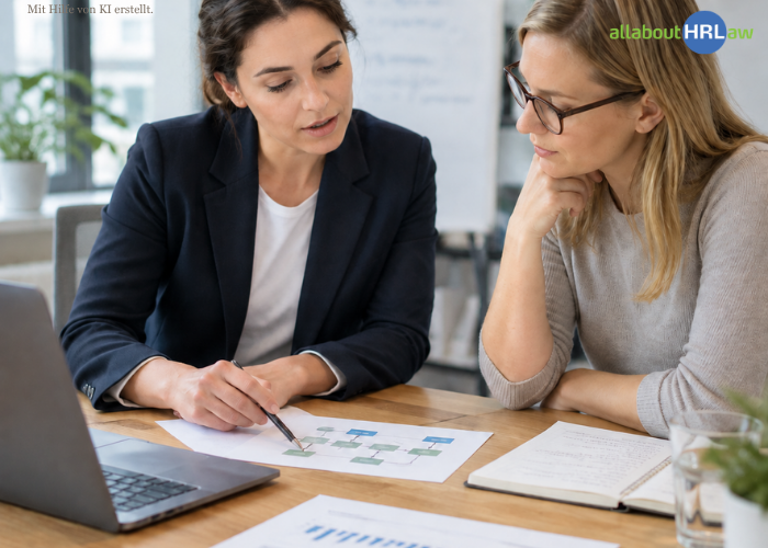 Time tracking 2026: Two colleagues discussing a clearly structured HR process for recording working hours.