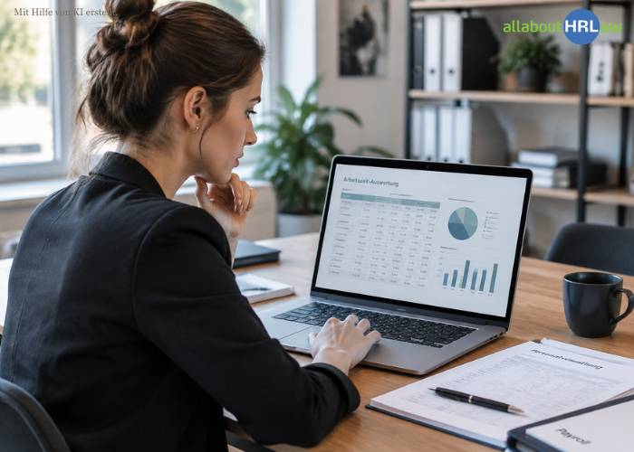 Arbeitszeiterfassung 2026: HR-Mitarbeiterin wertet Arbeitszeitdaten aus und verbindet sie mit Personaladministration und Payroll.