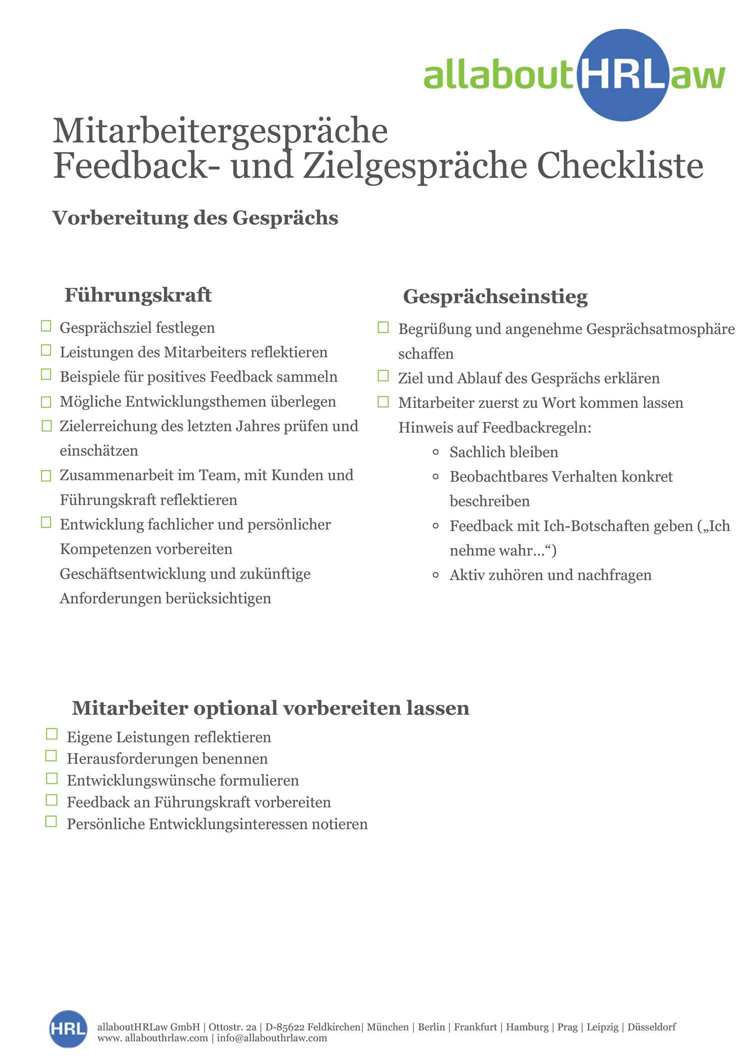 Checkliste Mitarbeitergespräche (Feedback- und Zielgespräche)