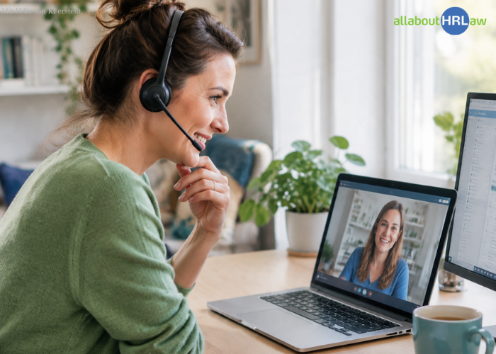 Unterbrechungen im Arbeitsalltag im Homeoffice: Eine Mitarbeiterin nimmt an einem spontanen Videogespräch teil und arbeitet digital mit ihrem Team zusammen.