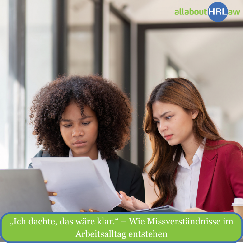 Zwei Mitarbeitende besprechen eine Aufgabe und zeigen, wie schnell Missverständnisse im Arbeitsalltag durch unterschiedliche Erwartungen entstehen können.